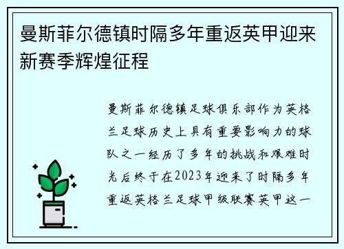 曼斯菲尔德镇时隔多年重返英甲迎来新赛季辉煌征程